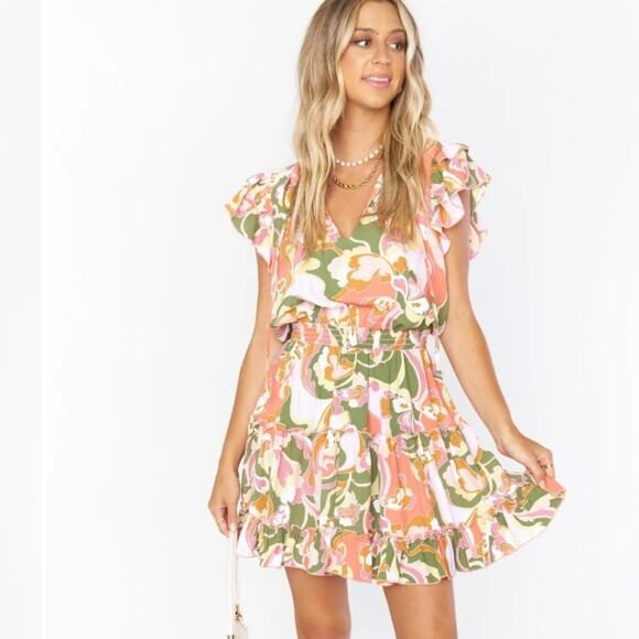 Show Me Your Mumu Wild Dreams Retro Ruffle Mini Dress Pink Green Floral NWT XXL